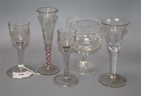 An 18th/19th century and later cordial glasses and later rummer